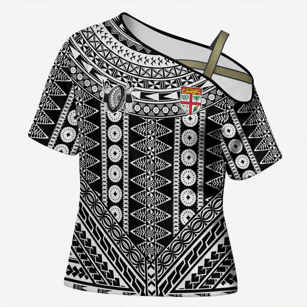 Fiji Custom Rugby National Heritage Cross Shoulder Shirt Black Traditional Masi Inspired