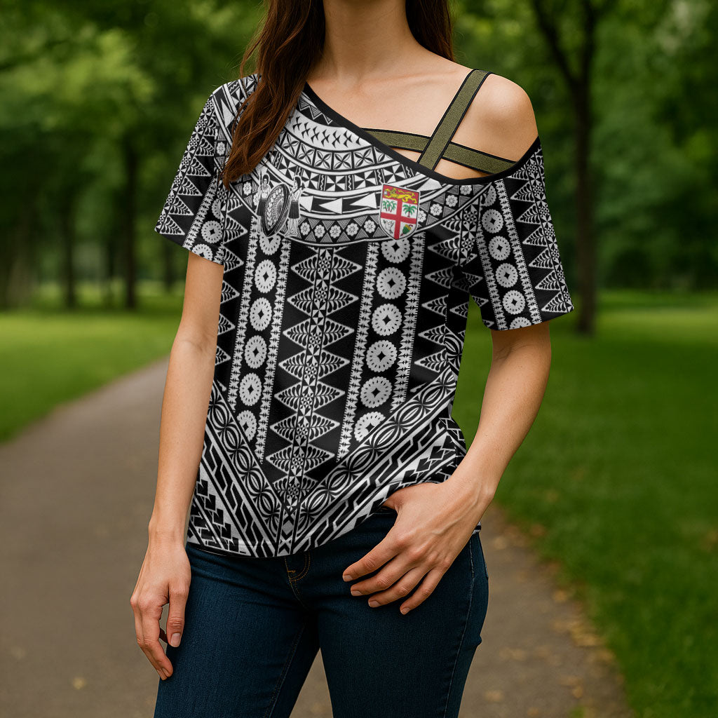 Fiji Custom Rugby National Heritage Cross Shoulder Shirt Black Traditional Masi Inspired