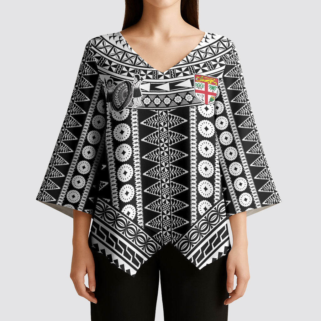 Fiji Custom Rugby National Heritage Kimono Sleeve Blouse Black Traditional Masi Inspired