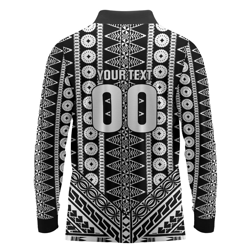 Fiji Custom Rugby National Heritage Long Sleeve Polo Shirt Black Traditional Masi Inspired