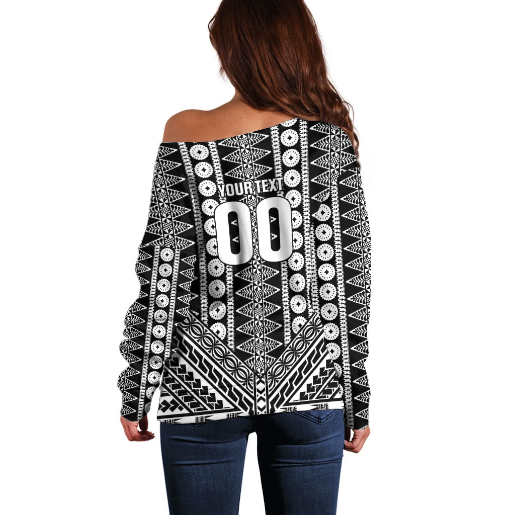Fiji Custom Rugby National Heritage Off Shoulder Sweater Black Traditional Masi Inspired