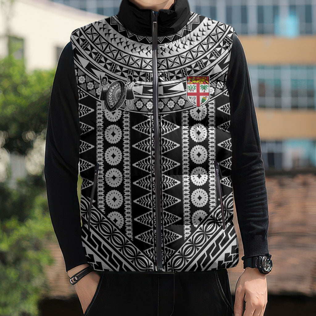Fiji Custom Rugby National Heritage Sleeveless Puffer Jacket Black Traditional Masi Inspired