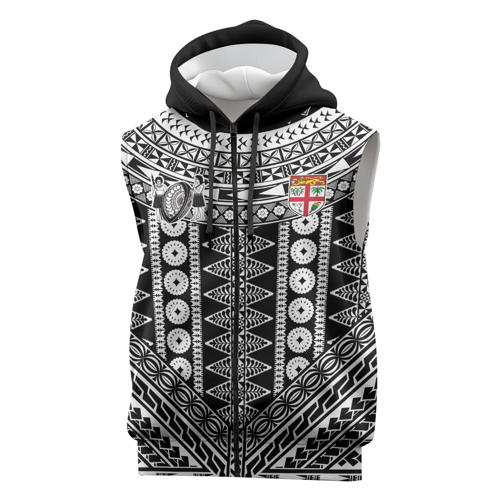 Fiji Custom Rugby National Heritage Sleeveless Zip Hoodie Black Traditional Masi Inspired LT9 Black - Polynesian Pride