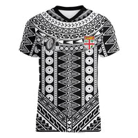 Fiji Custom Rugby National Heritage Women V-Neck T-Shirt Black Traditional Masi Inspired