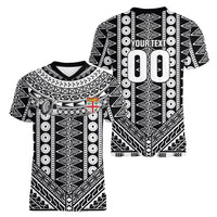 Fiji Custom Rugby National Heritage Women V-Neck T-Shirt Black Traditional Masi Inspired