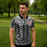 Fiji Custom Rugby National Heritage Zipper Polo Shirt Black Traditional Masi Inspired