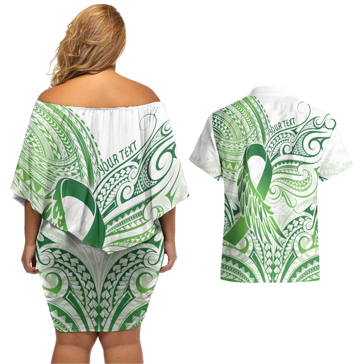 Its Okay Green Ribbon Personalised Couples Matching Off Shoulder Short Dress and Hawaiian Shirt Polynesian Depression Awareness