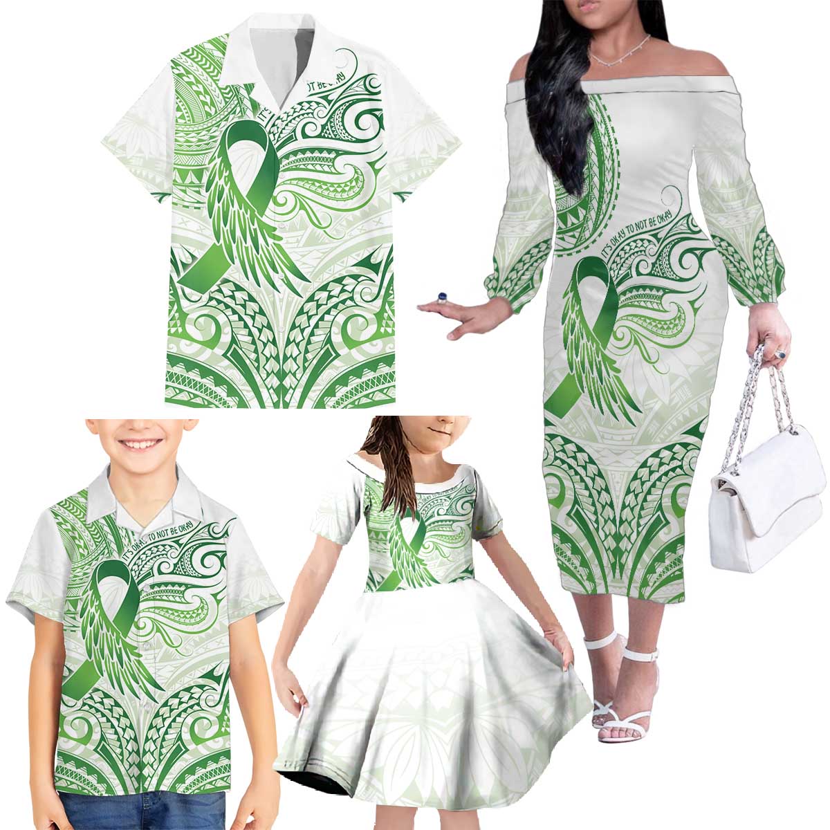 Its Okay Green Ribbon Personalised Family Matching Off The Shoulder Long Sleeve Dress and Hawaiian Shirt Polynesian Depression Awareness LT9 - Polynesian Pride
