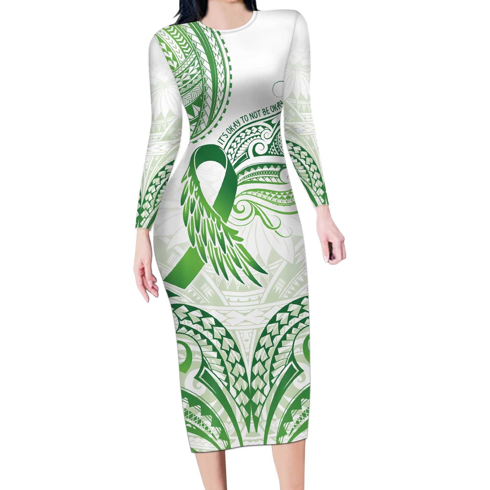 Its Okay Green Ribbon Personalised Long Sleeve Bodycon Dress Polynesian Depression Awareness LT9 Long Dress Green - Polynesian Pride