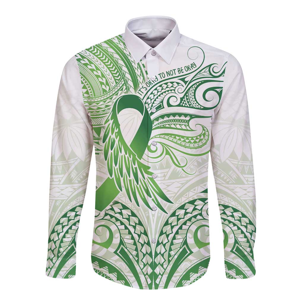 Its Okay Green Ribbon Personalised Long Sleeve Button Shirt Polynesian Depression Awareness