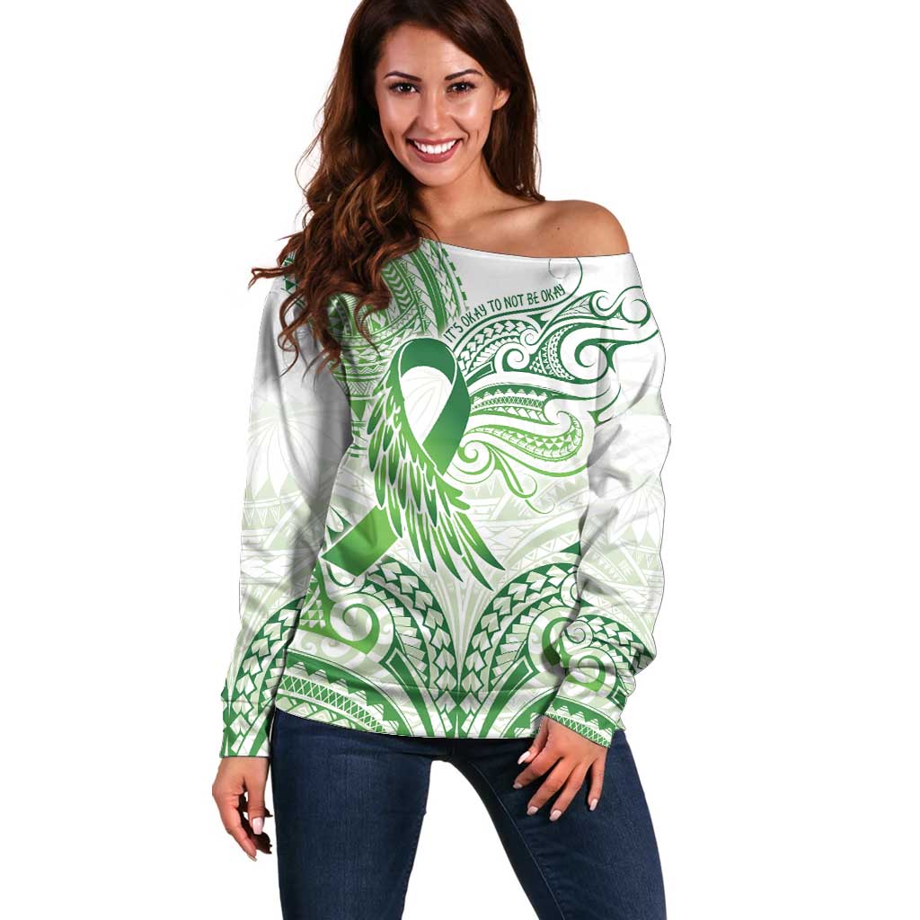 Its Okay Green Ribbon Personalised Off Shoulder Sweater Polynesian Depression Awareness LT9 Women Green - Polynesian Pride