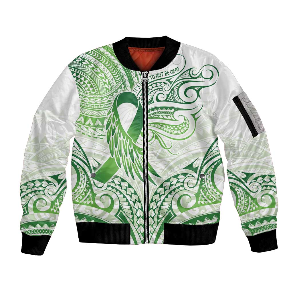 Its Okay Green Ribbon Personalised Sleeve Zip Bomber Jacket Polynesian Depression Awareness LT9 Unisex Green - Polynesian Pride