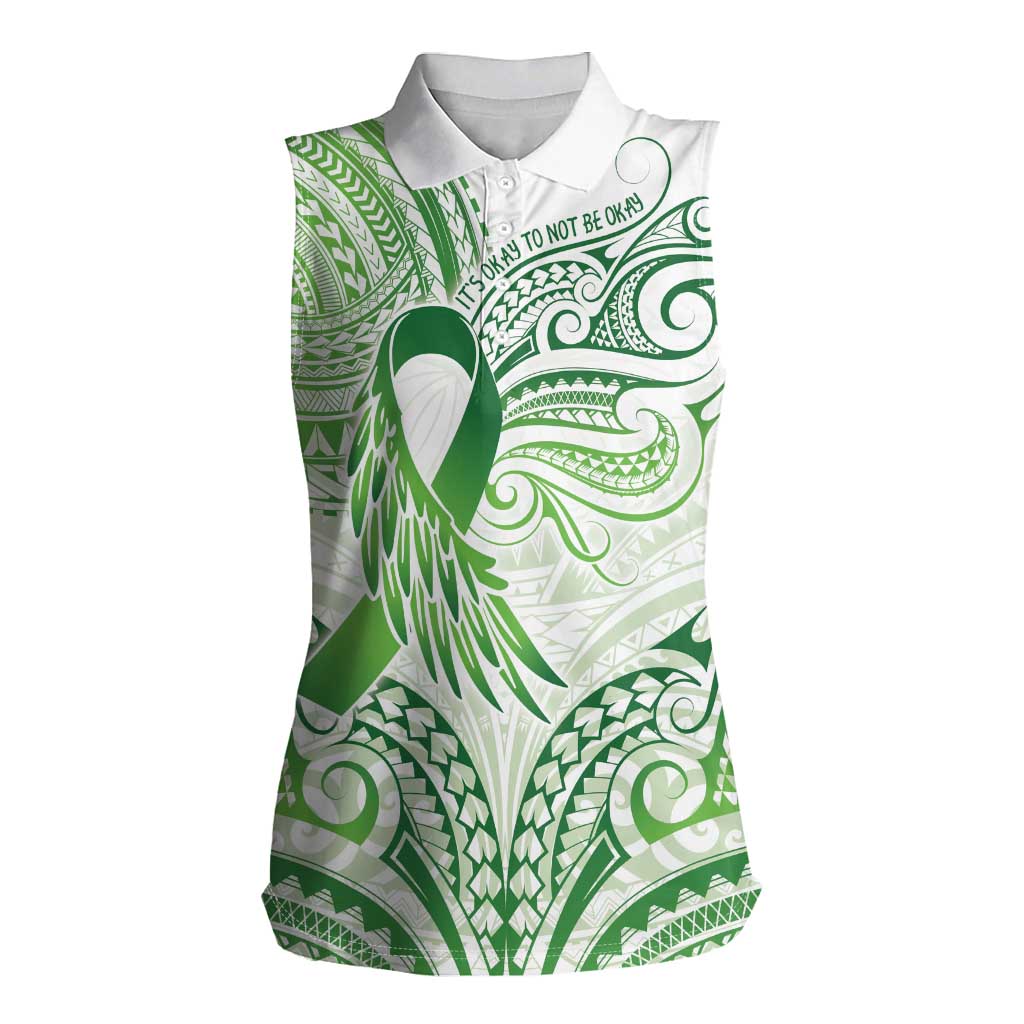 Its Okay Green Ribbon Personalised Women Sleeveless Polo Shirt Polynesian Depression Awareness LT9 Female Green - Polynesian Pride