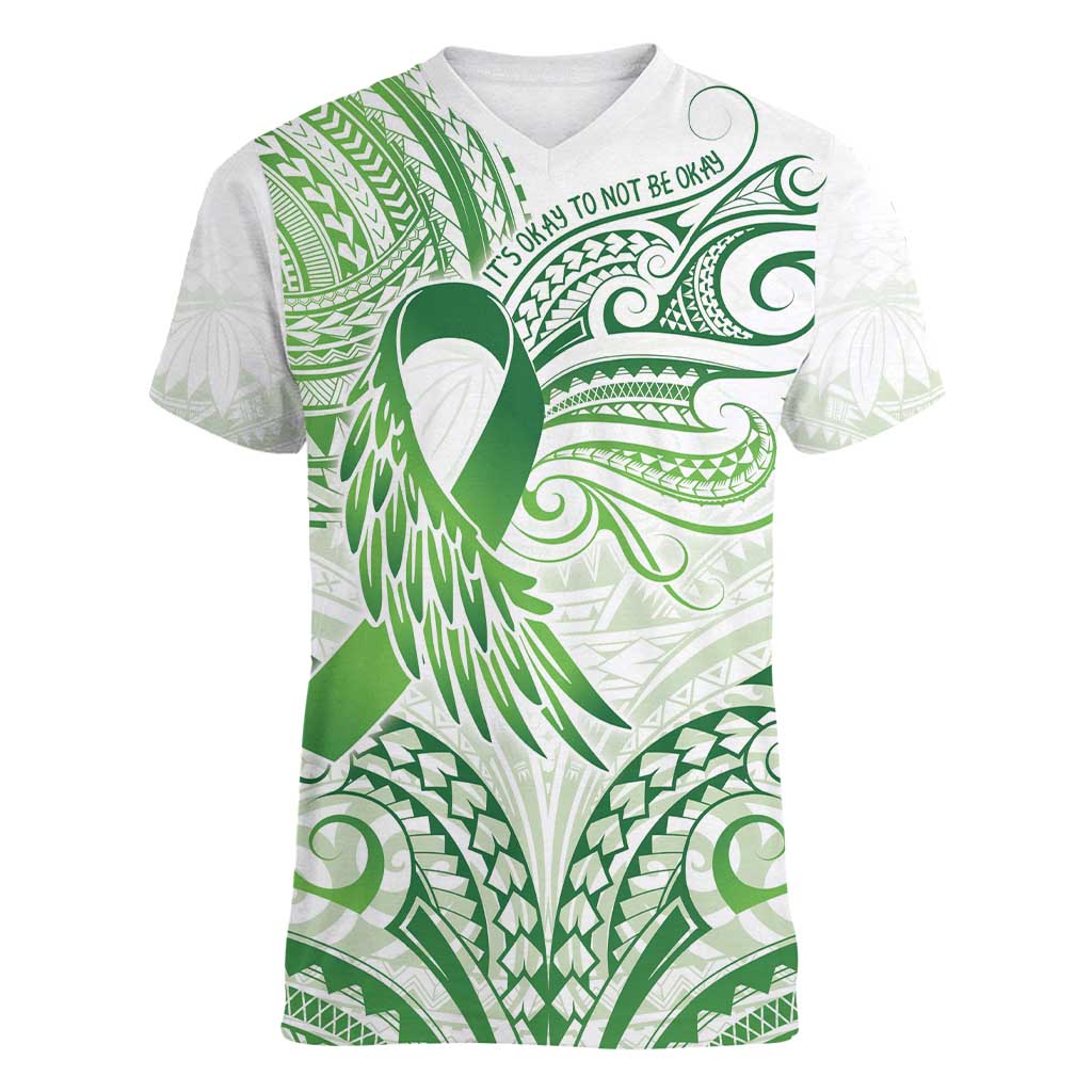 Its Okay Green Ribbon Personalised Women V-Neck T-Shirt Polynesian Depression Awareness LT9 Female Green - Polynesian Pride