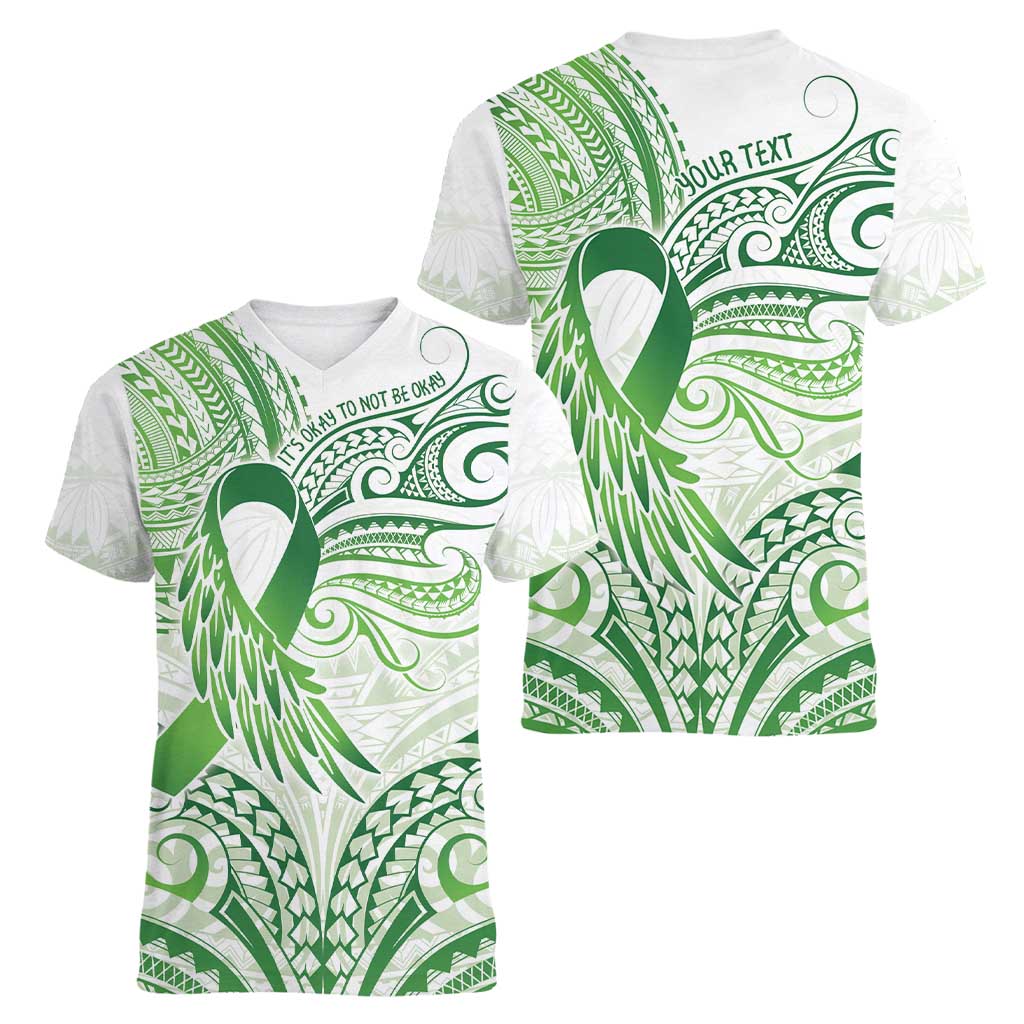 Its Okay Green Ribbon Personalised Women V-Neck T-Shirt Polynesian Depression Awareness