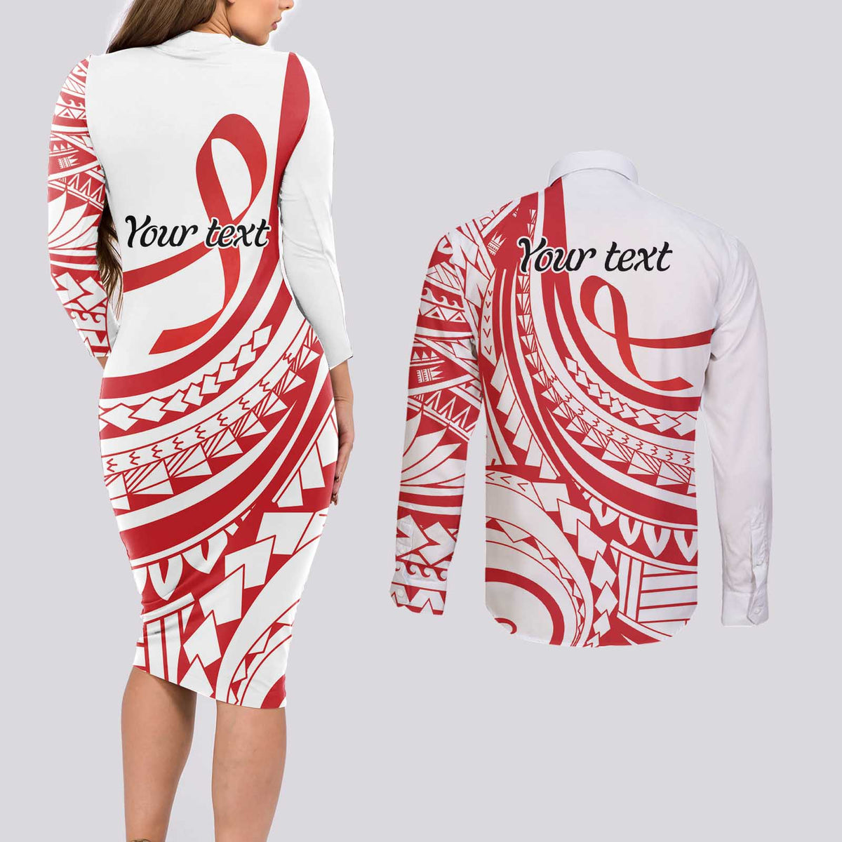 Know Your Status Red Ribbon Personalised Couples Matching Long Sleeve Bodycon Dress and Long Sleeve Button Shirt Polynesian AIDS Awareness