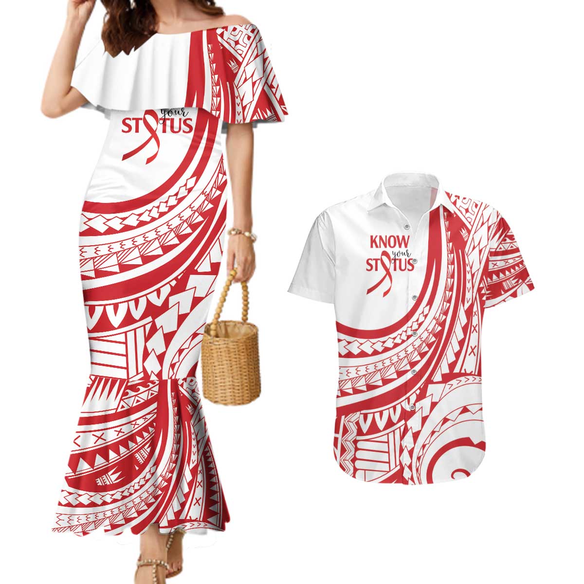 Know Your Status Red Ribbon Personalised Couples Matching Mermaid Dress and Hawaiian Shirt Polynesian AIDS Awareness LT9 Red - Polynesian Pride