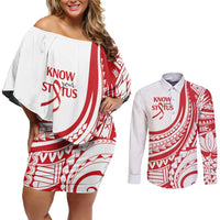 Know Your Status Red Ribbon Personalised Couples Matching Off Shoulder Short Dress and Long Sleeve Button Shirt Polynesian AIDS Awareness