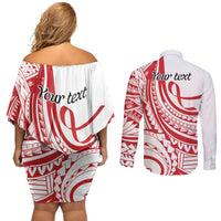 Know Your Status Red Ribbon Personalised Couples Matching Off Shoulder Short Dress and Long Sleeve Button Shirt Polynesian AIDS Awareness