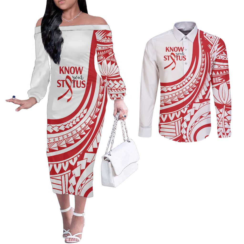 Know Your Status Red Ribbon Personalised Couples Matching Off The Shoulder Long Sleeve Dress and Long Sleeve Button Shirt Polynesian AIDS Awareness
