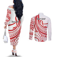 Know Your Status Red Ribbon Personalised Couples Matching Off The Shoulder Long Sleeve Dress and Long Sleeve Button Shirt Polynesian AIDS Awareness