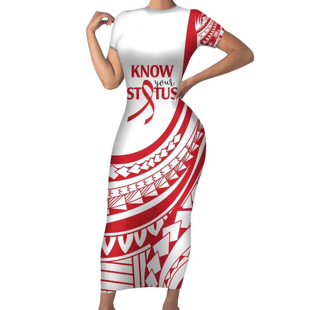 Know Your Status Red Ribbon Personalised Family Matching Short Sleeve Bodycon Dress and Hawaiian Shirt Polynesian AIDS Awareness