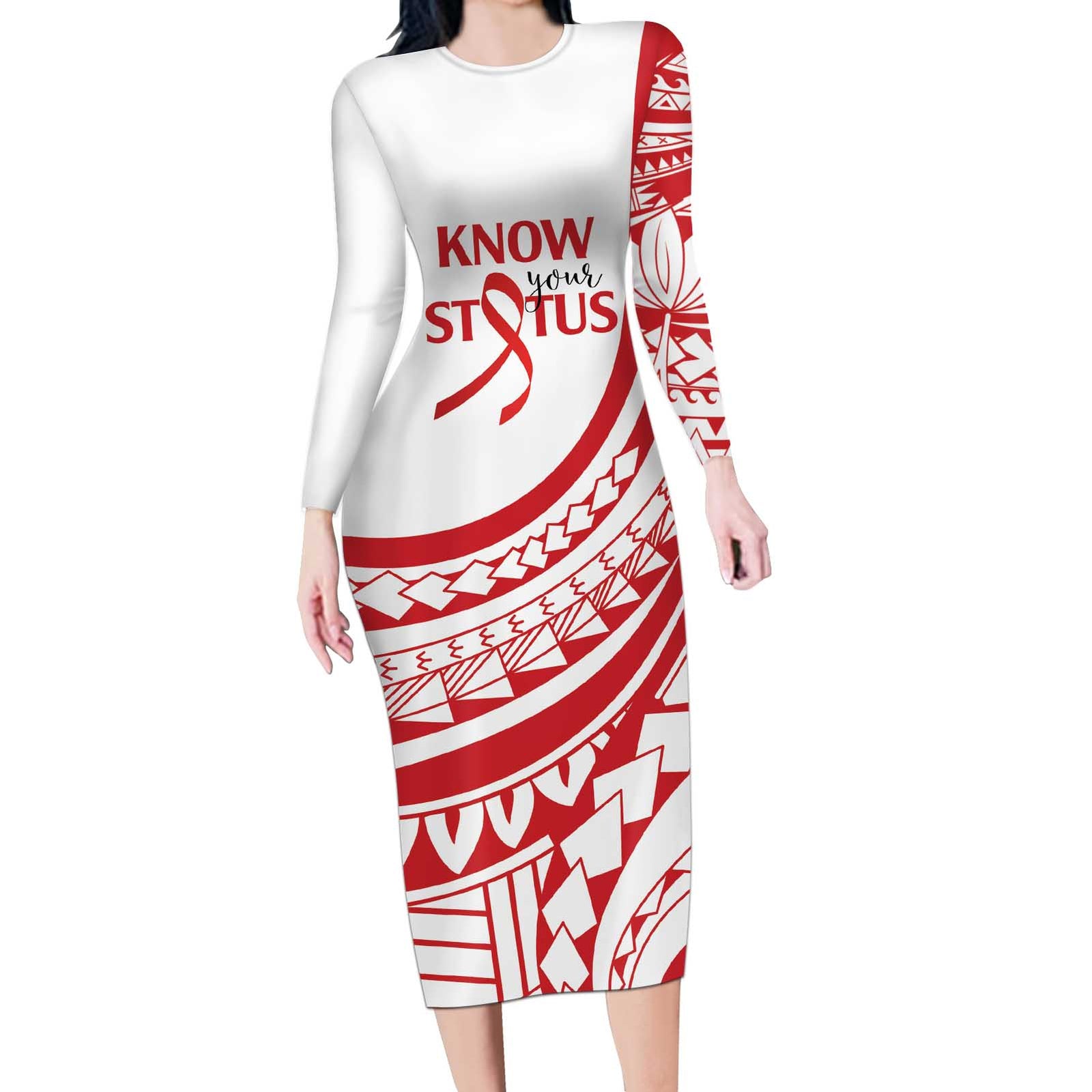 Know Your Status Red Ribbon Personalised Long Sleeve Bodycon Dress Polynesian AIDS Awareness LT9 Long Dress Red - Polynesian Pride