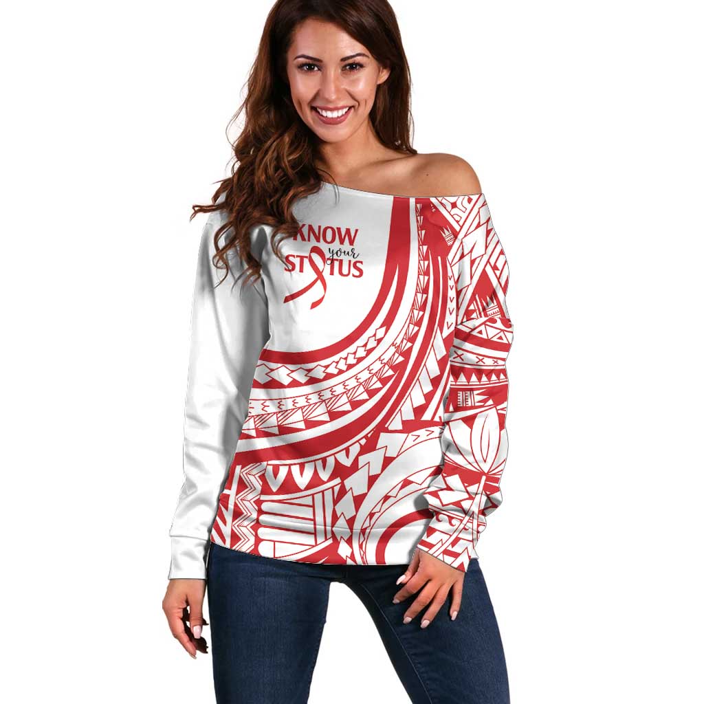 Know Your Status Red Ribbon Personalised Off Shoulder Sweater Polynesian AIDS Awareness LT9 Women Red - Polynesian Pride