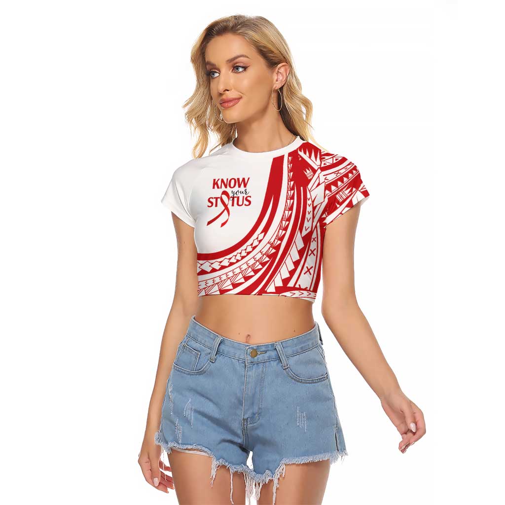 Know Your Status Red Ribbon Personalised Raglan Cropped T Shirt Polynesian AIDS Awareness LT9 Female Red - Polynesian Pride