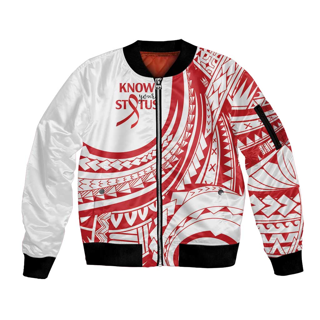 Know Your Status Red Ribbon Personalised Sleeve Zip Bomber Jacket Polynesian AIDS Awareness LT9 Unisex Red - Polynesian Pride