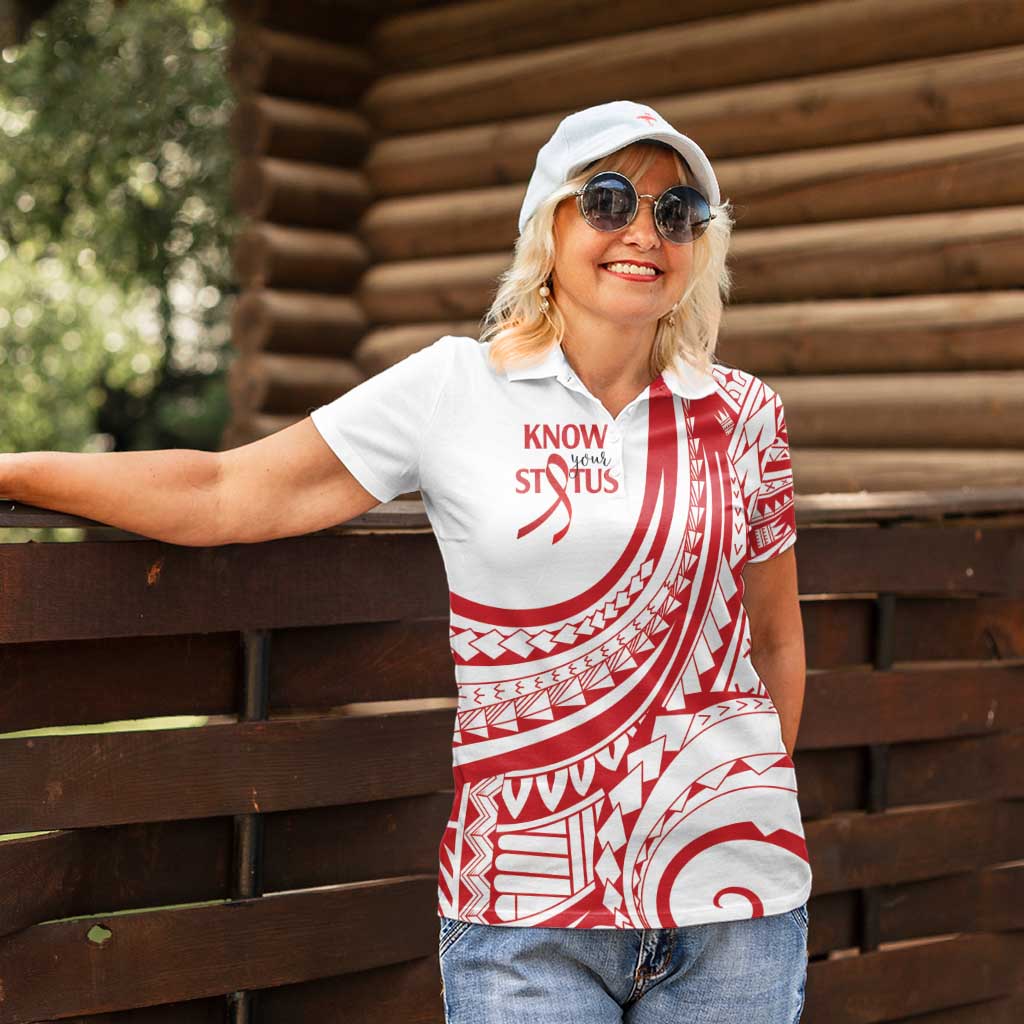 Know Your Status Red Ribbon Personalised Women Polo Shirt Polynesian AIDS Awareness