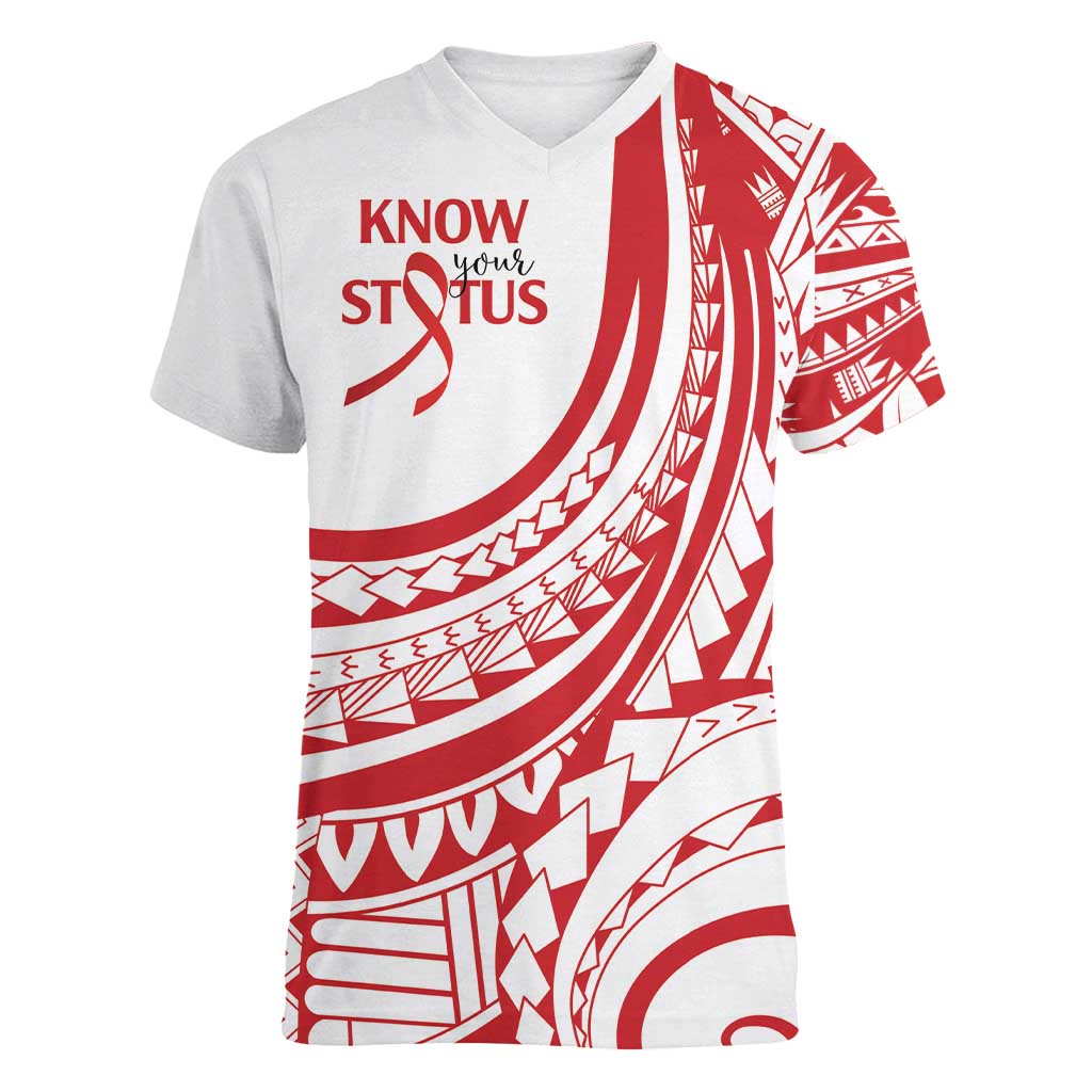 Know Your Status Red Ribbon Personalised Women V-Neck T-Shirt Polynesian AIDS Awareness LT9 Female Red - Polynesian Pride