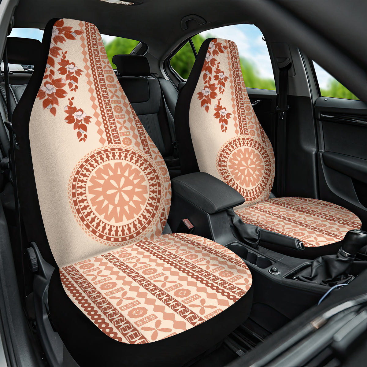 Fiji Tagimoucia Flower With Tapa Tribal Car Seat Cover Beige Color LT9 One Size Beige - Polynesian Pride