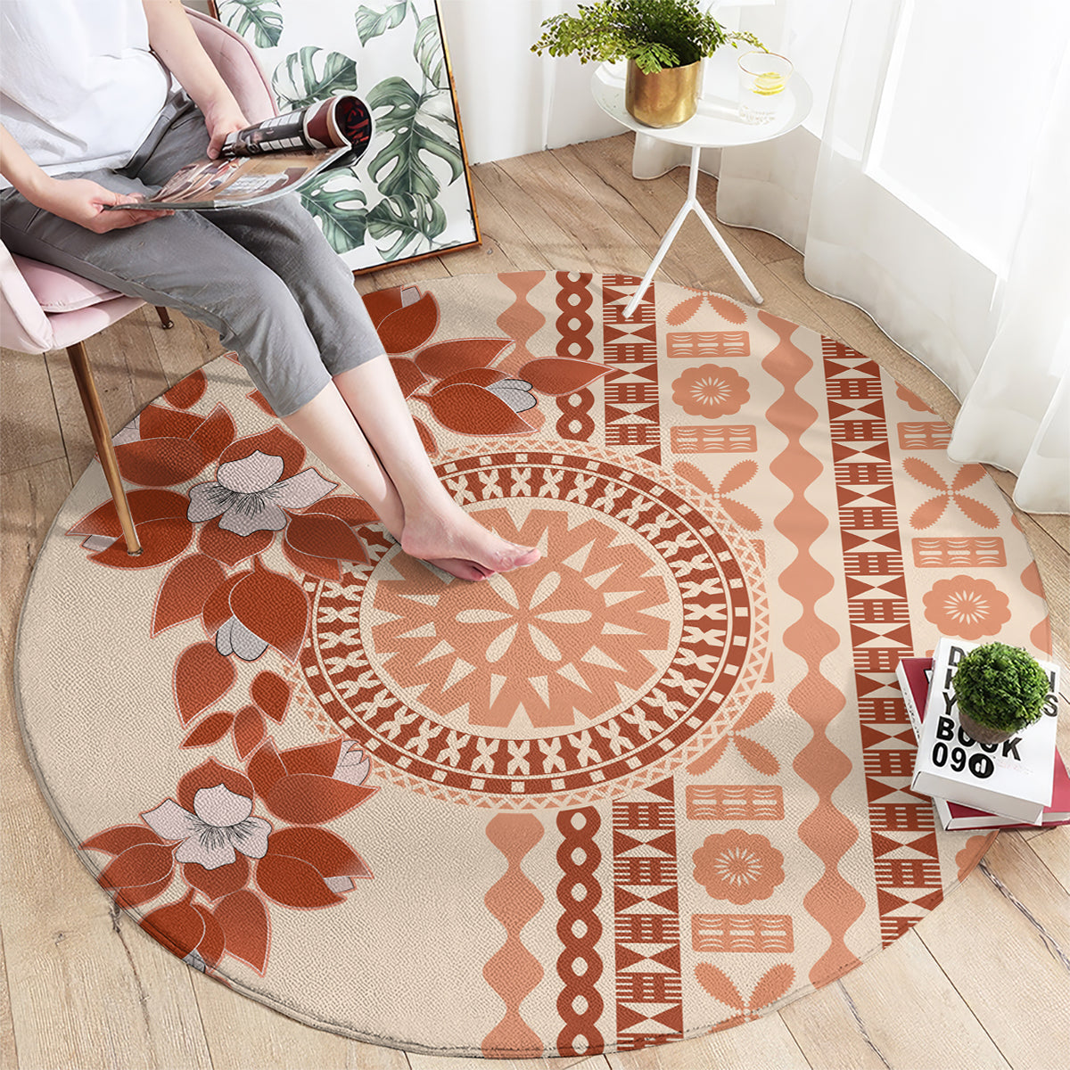 Fiji Tagimoucia Flower With Tapa Tribal Round Carpet Beige  display picture 1
