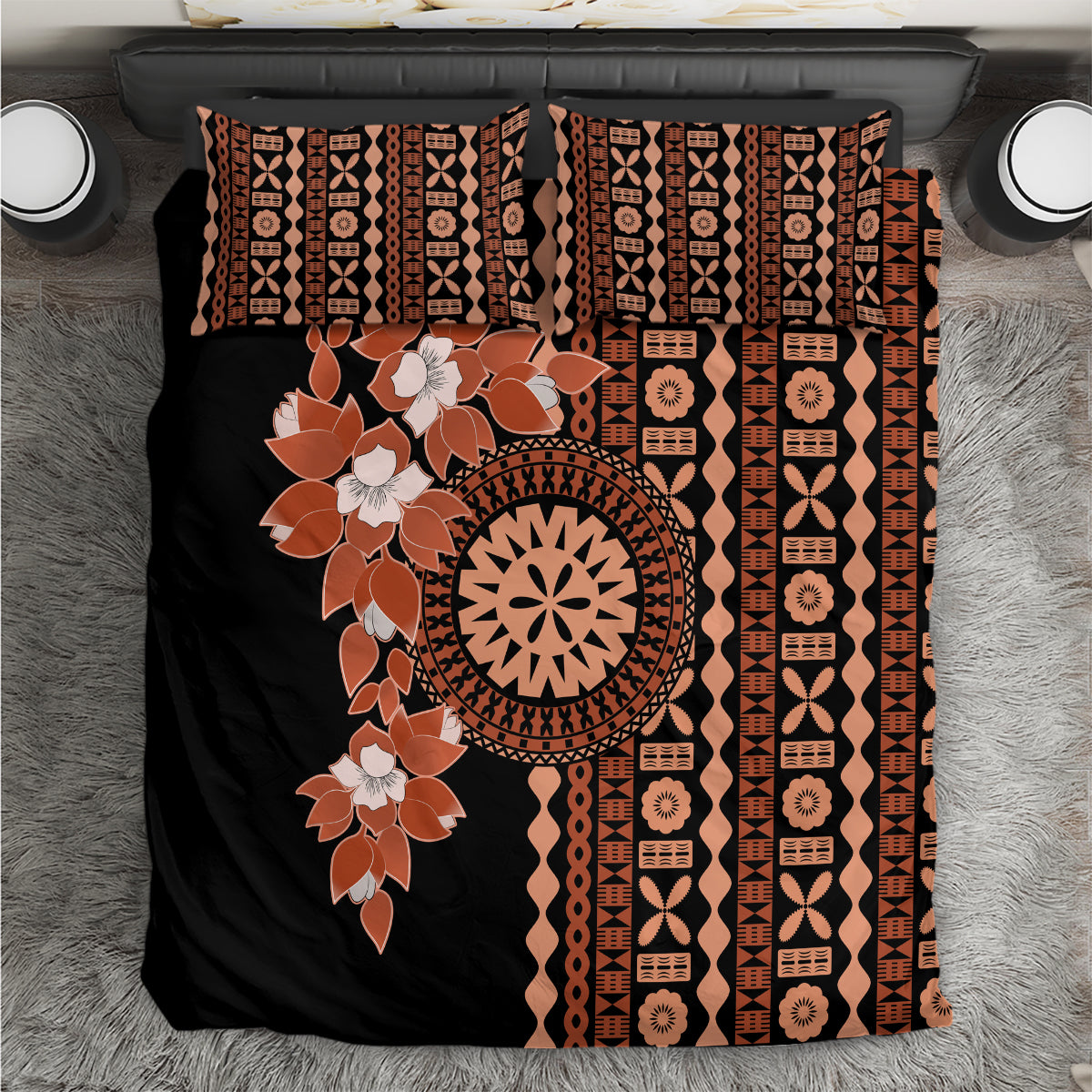 Fiji Tagimoucia Flower With Tapa Tribal Bedding Set Brown Color LT9 Brown - Polynesian Pride