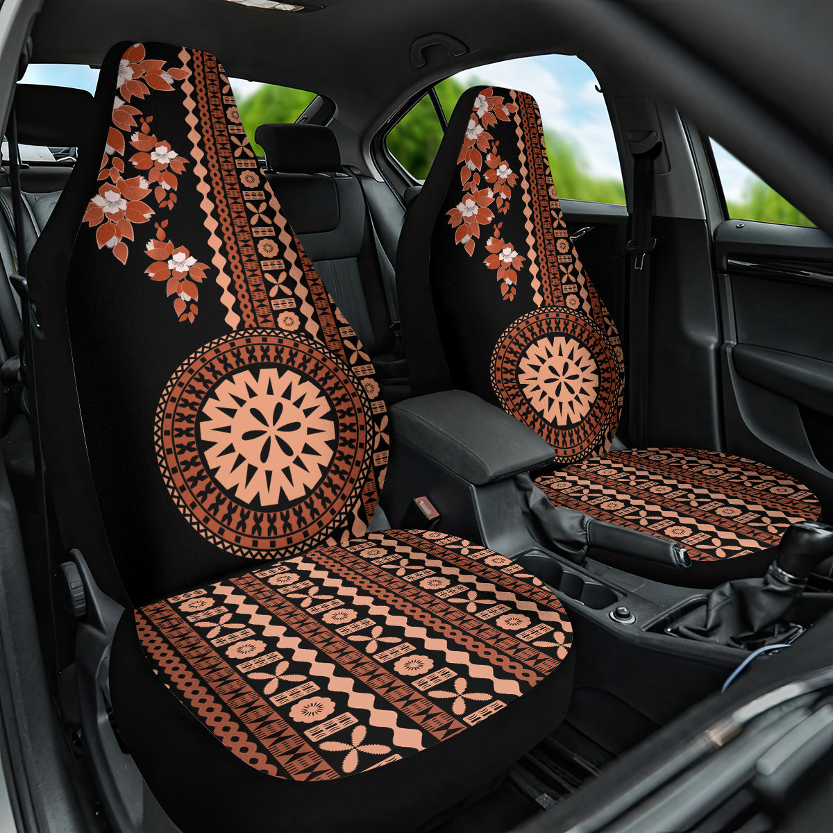 Fiji Tagimoucia Flower With Tapa Tribal Car Seat Cover Brown Color LT9 One Size Brown - Polynesian Pride