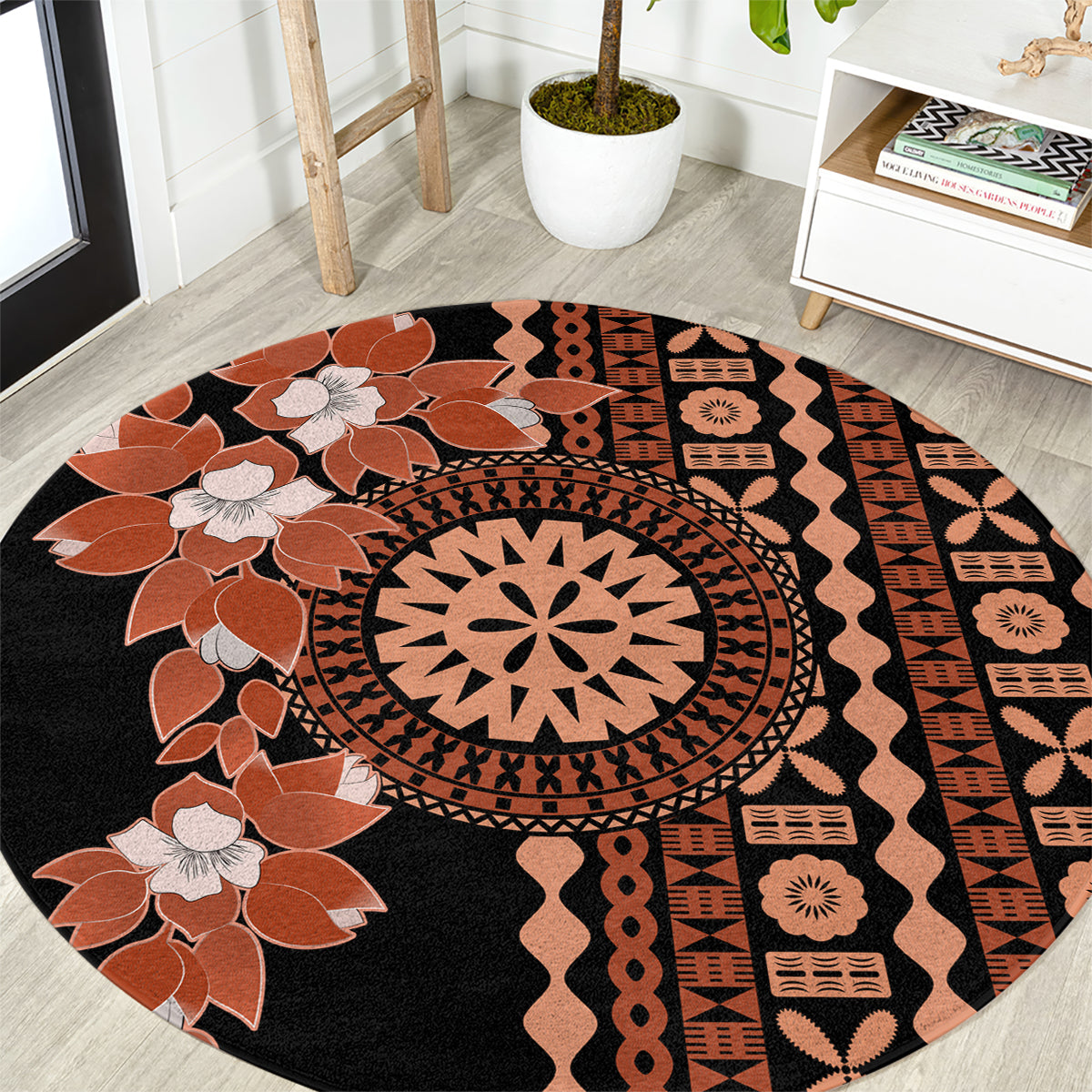 Fiji Tagimoucia Flower With Tapa Tribal Round Carpet Brown Color LT9 Brown - Polynesian Pride