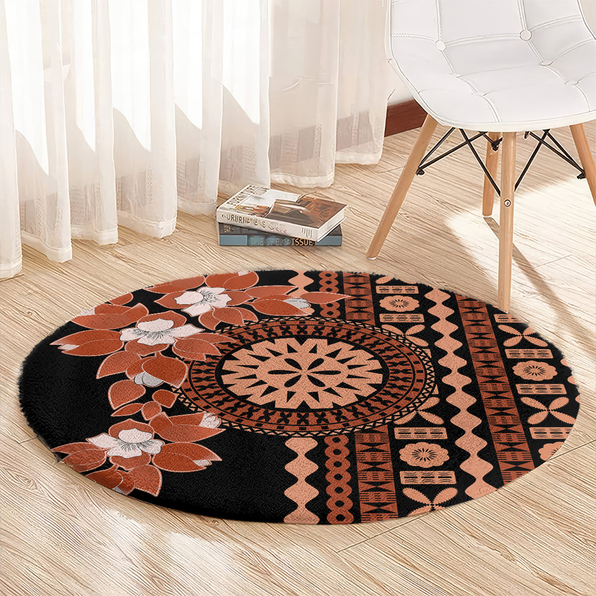 Fiji Tagimoucia Flower With Tapa Tribal Round Carpet Brown  display picture 2