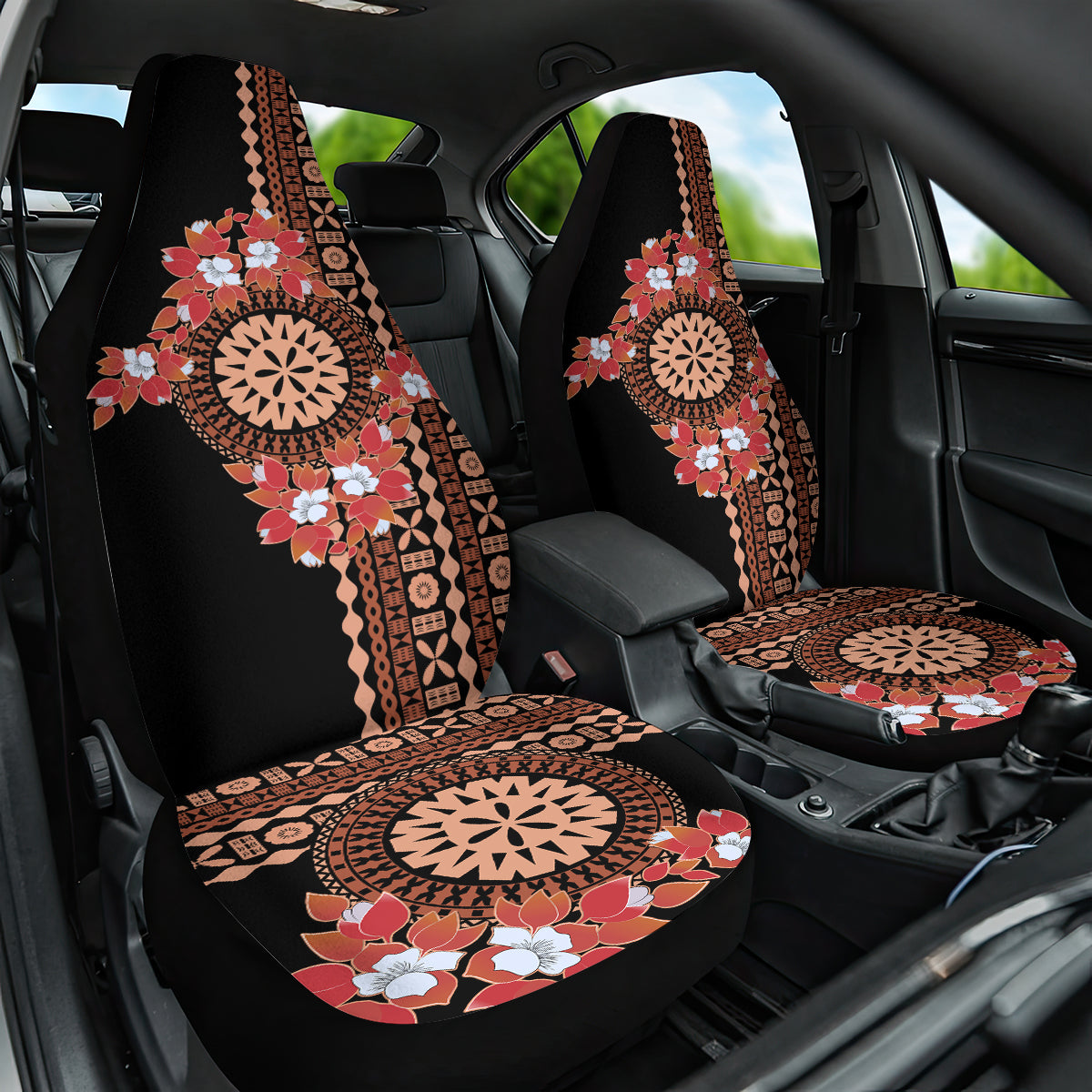 Bula Fiji Tagimoucia Flower Masi Tapa Tribal Car Seat Cover Brown Color LT9 One Size Brown - Polynesian Pride