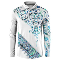 Kahui Whetu Paua shell Kowhaiwhai Taniko Personalised Button Sweatshirt Manta Ray Shark-Turtle Maori Tribal Style LT9 Blue - Polynesian Pride