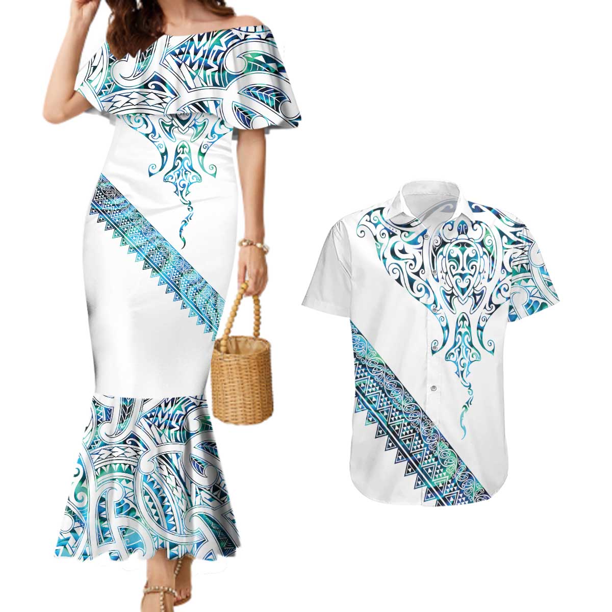 Kahui Whetu Paua shell Kowhaiwhai Taniko Personalised Couples Matching Mermaid Dress and Hawaiian Shirt Manta Ray Shark-Turtle Maori Tribal Style