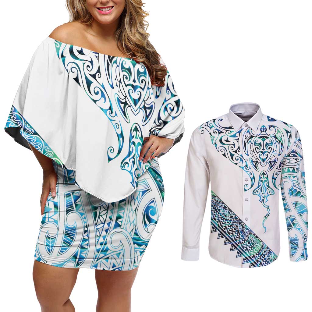 Kahui Whetu Paua shell Kowhaiwhai Taniko Personalised Couples Matching Off Shoulder Short Dress and Long Sleeve Button Shirt Manta Ray Shark-Turtle Maori Tribal Style