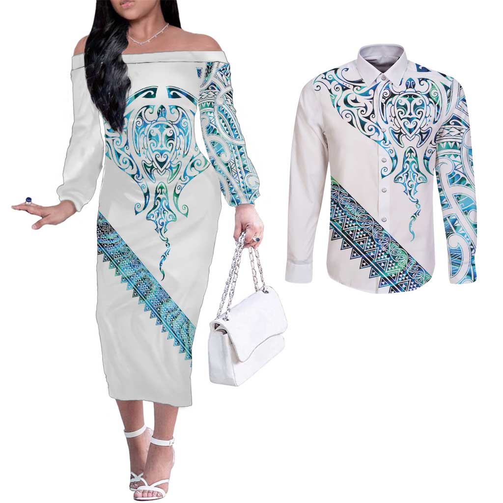 Kahui Whetu Paua shell Kowhaiwhai Taniko Personalised Couples Matching Off The Shoulder Long Sleeve Dress and Long Sleeve Button Shirt Manta Ray Shark-Turtle Maori Tribal Style