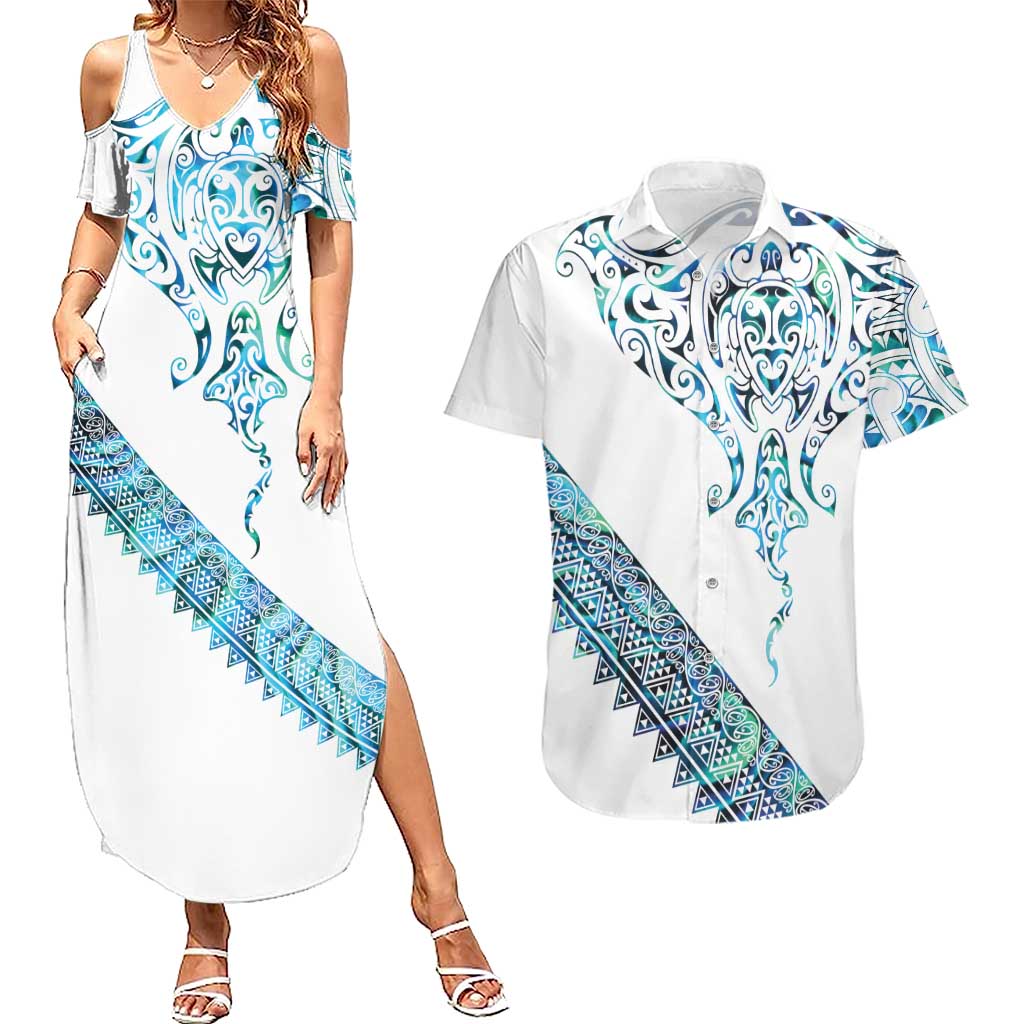 Kahui Whetu Paua shell Kowhaiwhai Taniko Personalised Couples Matching Summer Maxi Dress and Hawaiian Shirt Manta Ray Shark-Turtle Maori Tribal Style