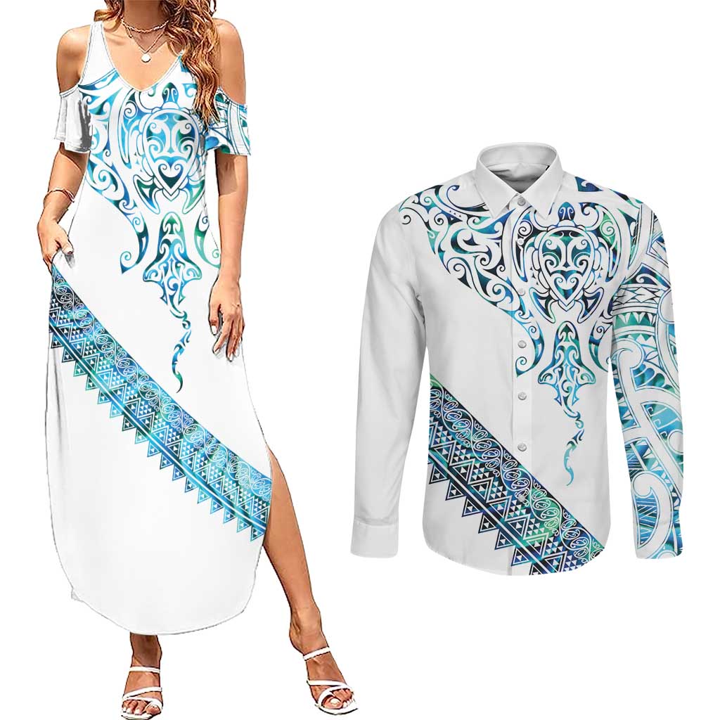 Kahui Whetu Paua shell Kowhaiwhai Taniko Personalised Couples Matching Summer Maxi Dress and Long Sleeve Button Shirt Manta Ray Shark-Turtle Maori Tribal Style