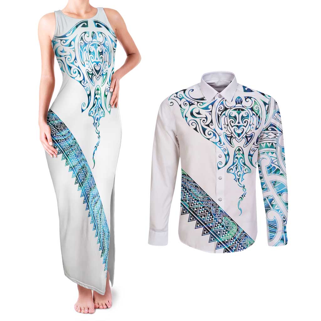 Kahui Whetu Paua shell Kowhaiwhai Taniko Personalised Couples Matching Tank Maxi Dress and Long Sleeve Button Shirt Manta Ray Shark-Turtle Maori Tribal Style