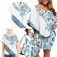 Kahui Whetu Paua shell Kowhaiwhai Taniko Personalised Family Matching Off Shoulder Short Dress and Hawaiian Shirt Manta Ray Shark-Turtle Maori Tribal Style