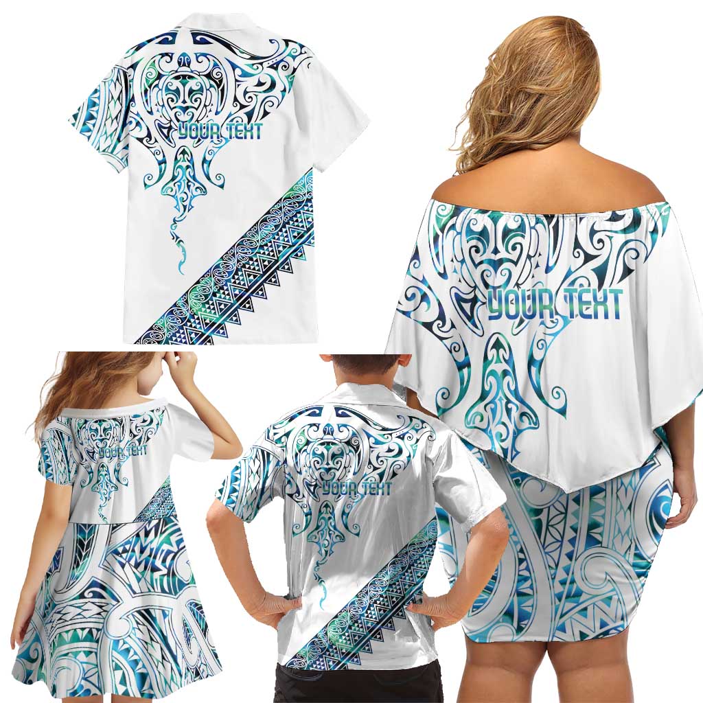 Kahui Whetu Paua shell Kowhaiwhai Taniko Personalised Family Matching Off Shoulder Short Dress and Hawaiian Shirt Manta Ray Shark-Turtle Maori Tribal Style