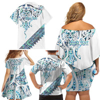 Kahui Whetu Paua shell Kowhaiwhai Taniko Personalised Family Matching Off Shoulder Short Dress and Hawaiian Shirt Manta Ray Shark-Turtle Maori Tribal Style
