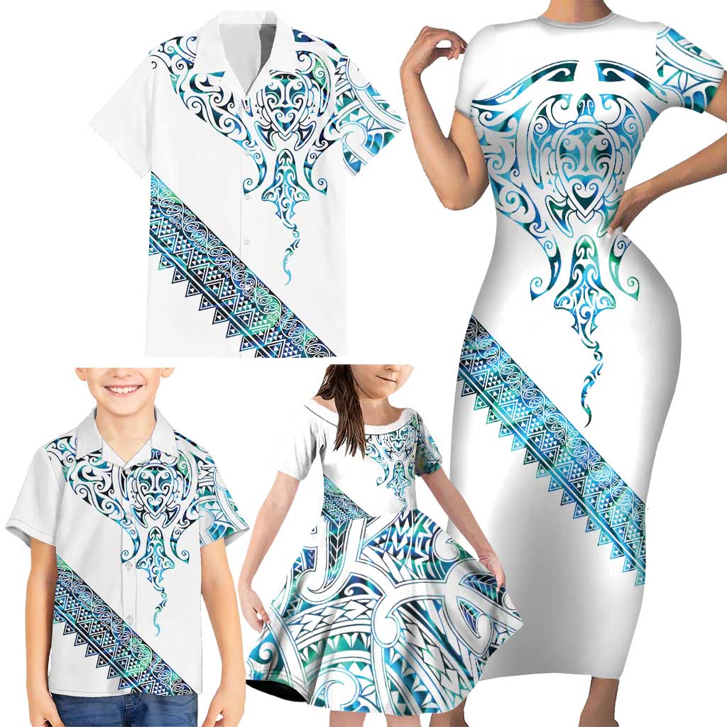 Kahui Whetu Paua shell Kowhaiwhai Taniko Personalised Family Matching Short Sleeve Bodycon Dress and Hawaiian Shirt Manta Ray Shark-Turtle Maori Tribal Style